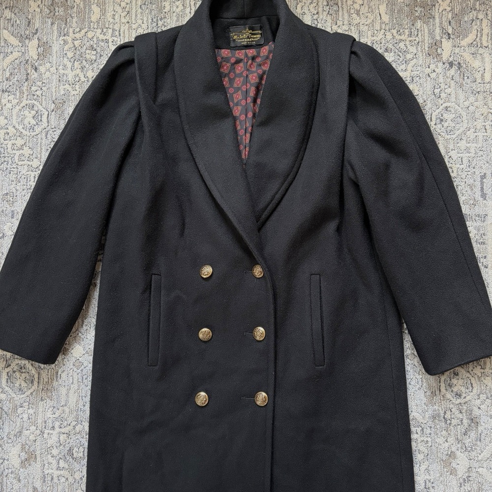 Vintage Womens Long Double Breasted Wool Coat Size L Black Trench Peacoat Shawl - Picture 7 of 16